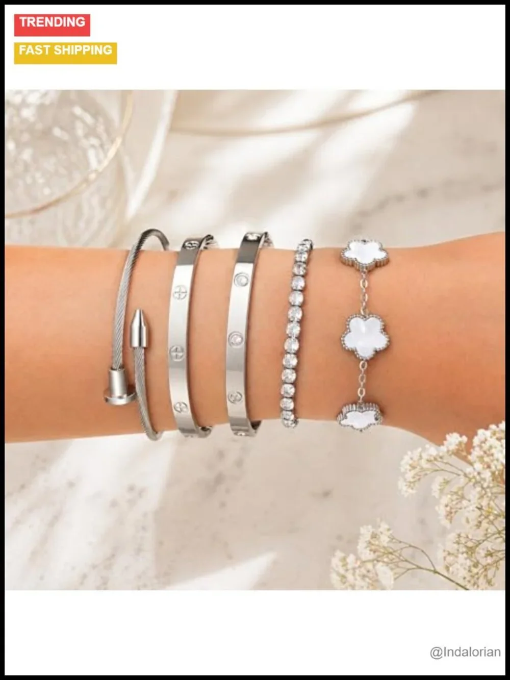 18K Gold Plated Love Bangle Bracelet Stack Adjustable CZ Tennis Chain Set